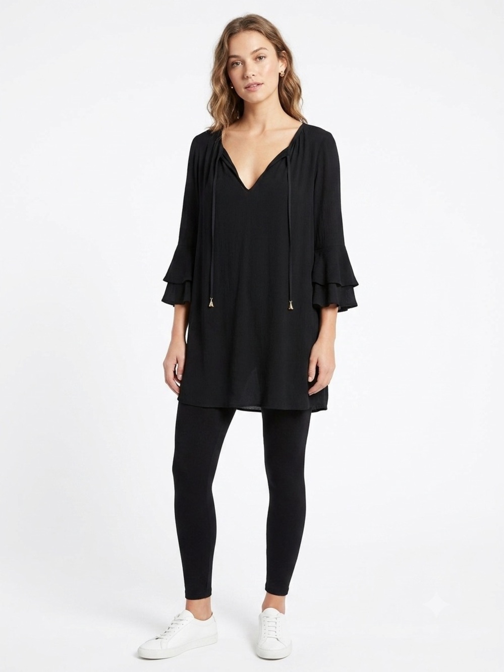 Anne Cole Black V-Neck Peasant Tunic Top Split Neck Self Tie